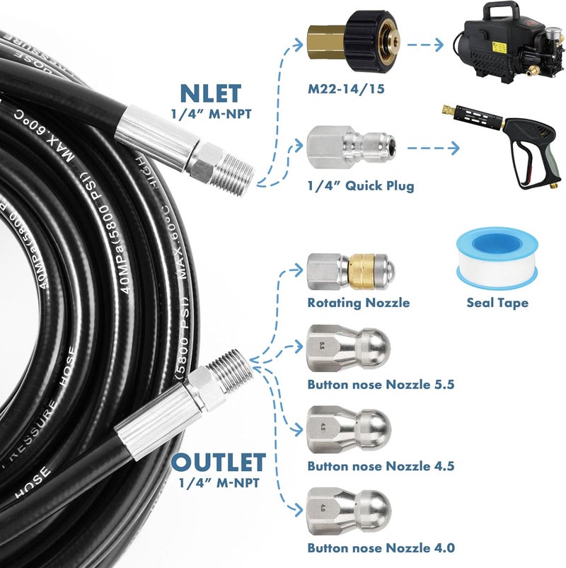 Twinkle Star Sewer Jetter Kit for Pressure Washer 50FT Hose, 1/4 Inch NPT, 5800 PSI Drain Cleaning Hose, Button Nose & Rotating Sewer Jetting Nozzle, Orifice 4.0, 4.5, 5.5 - Image 2